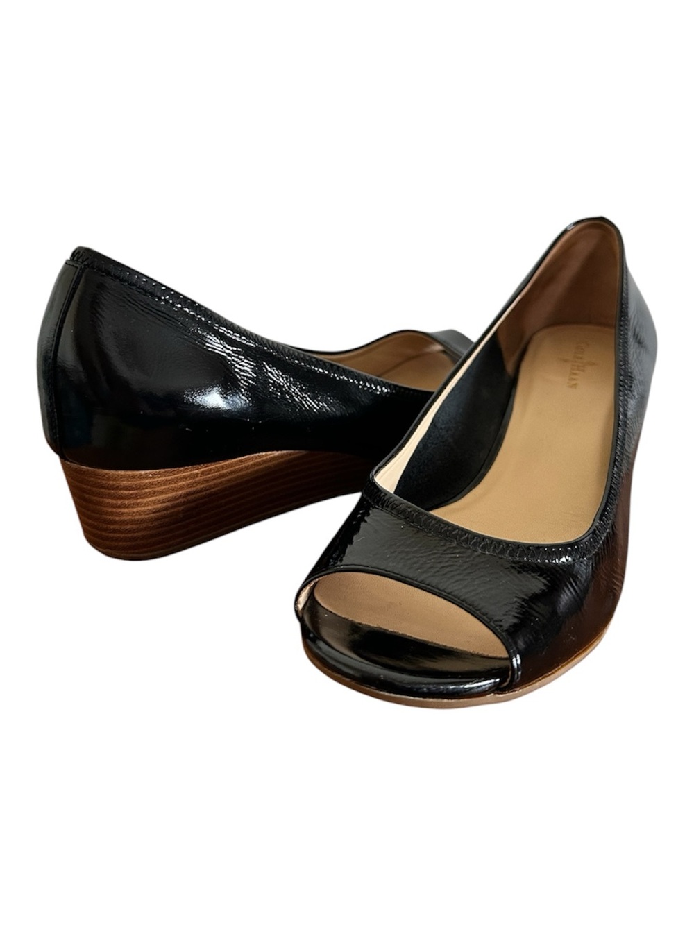 Cole Haan Black Patent Peep-Toe Wedge Pumps